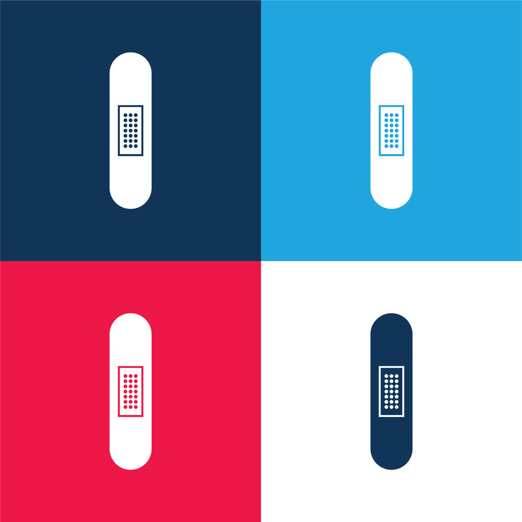 Силуэт Band Aid в вертикальном положении синий и красный четыре цвета минимальный набор значков - Вектор,изображение
