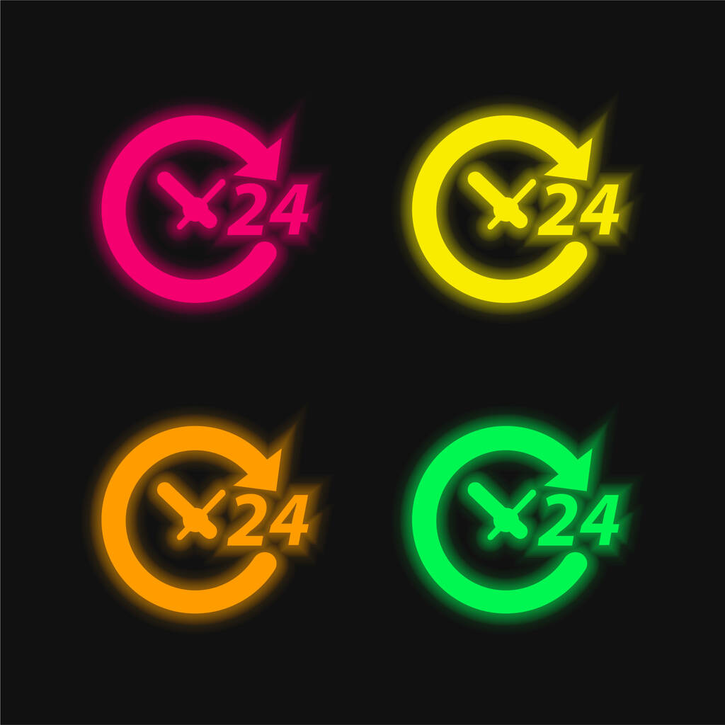 24 Uur vier kleuren gloeiende neon vector pictogram - Vector, afbeelding