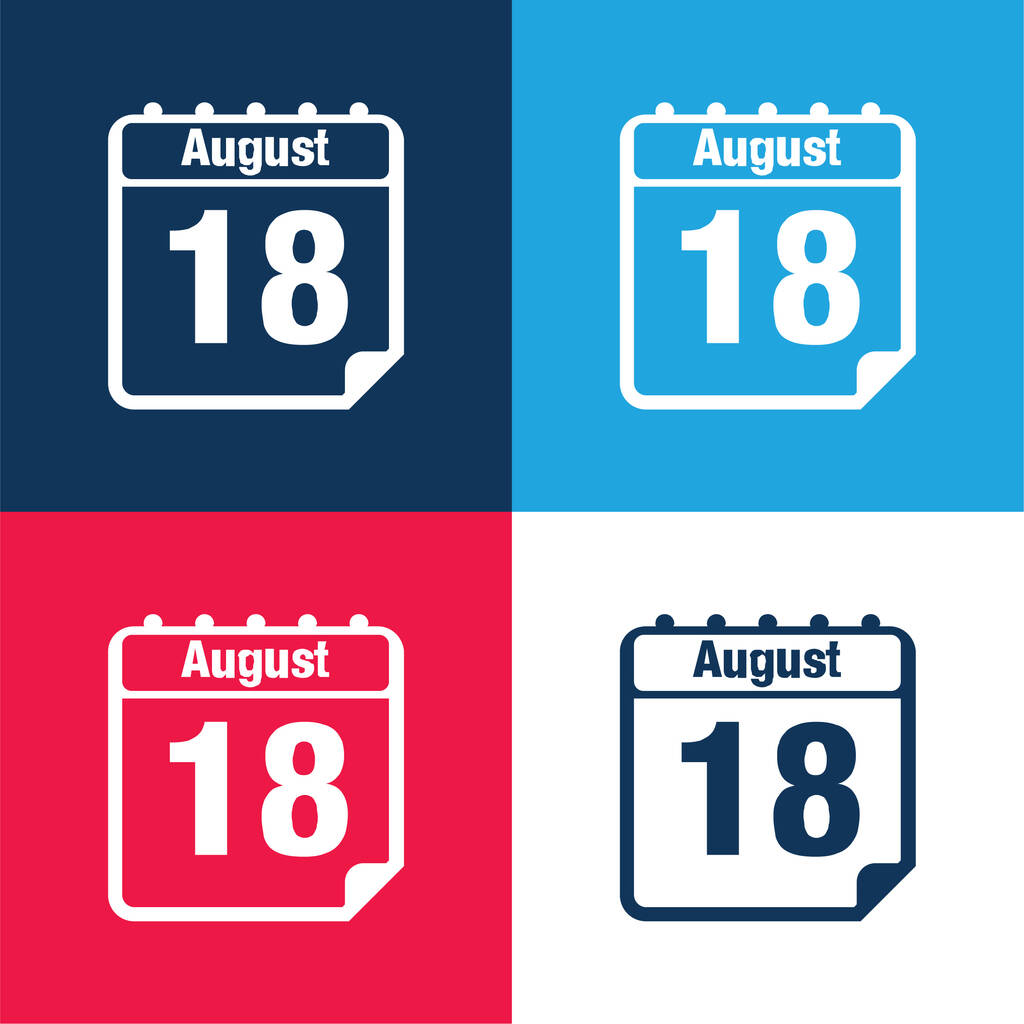 18 de agosto Símbolo de interface de página de calendário diário azul e vermelho conjunto de ícone mínimo de quatro cores - Vetor, Imagem