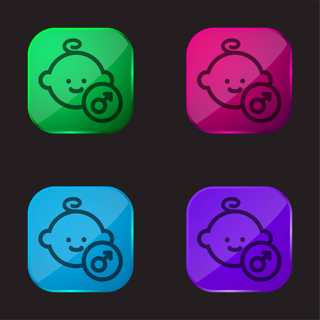 Baby Male Face icono de botón de cristal de cuatro colores - Vector, Imagen