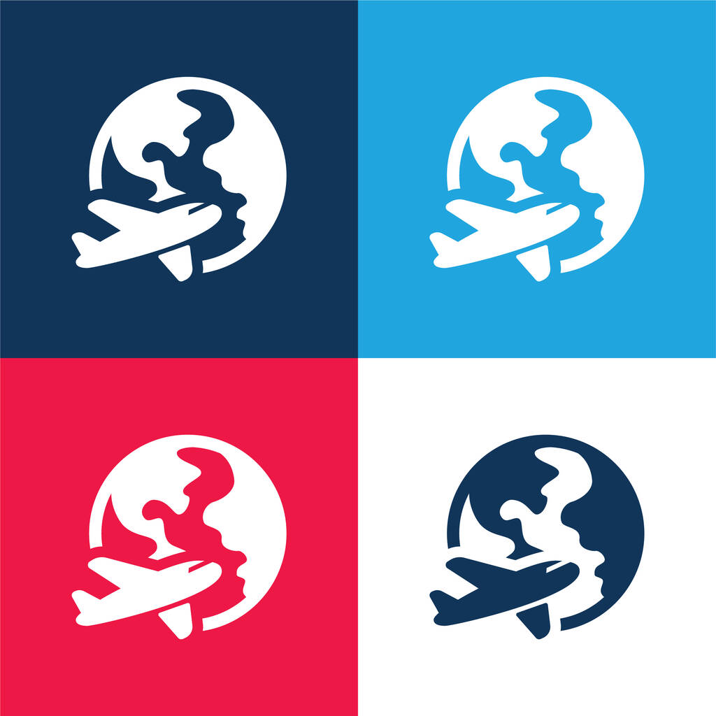 Airplane Around Earth blue and red four color minimal icon set - Vector, Image