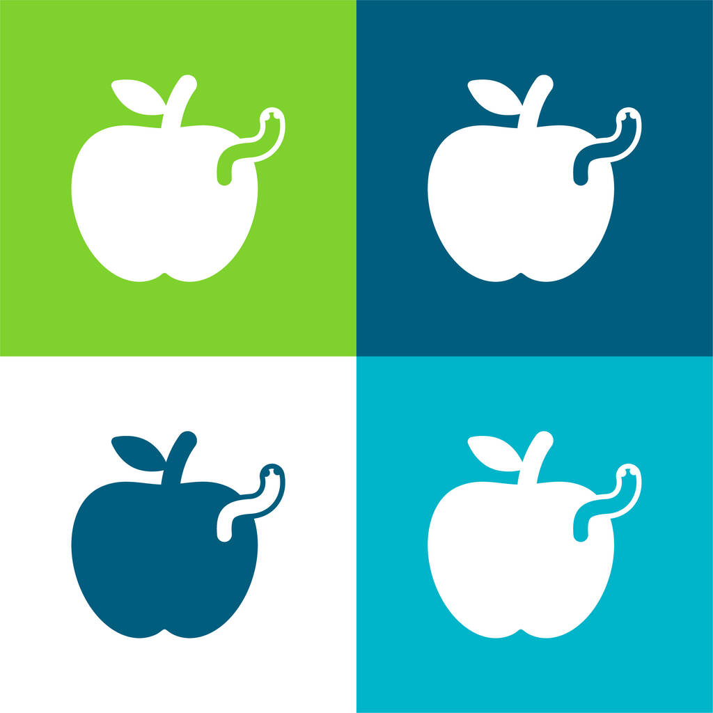Apple με Worm Επίπεδη τέσσερις χρώμα ελάχιστο σύνολο εικονιδίων - Διάνυσμα, εικόνα