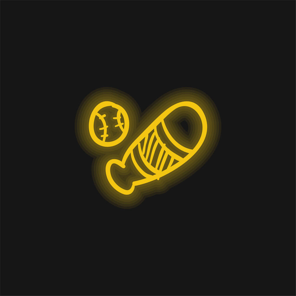 Honkbal bal en vleermuis geel gloeiende neon pictogram - Vector, afbeelding