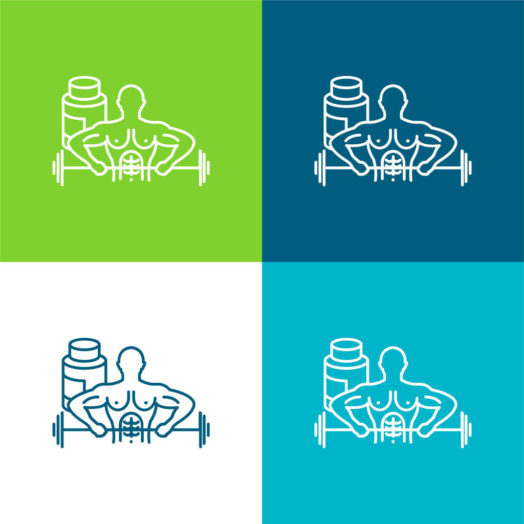 Bodybuilder Carrying Dumbbell Flat four color minimal icon set - Vector, Image