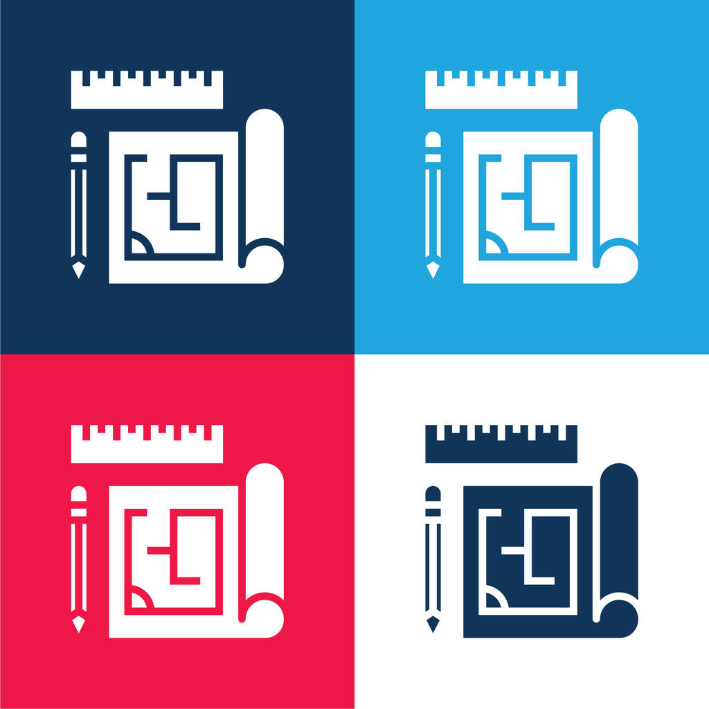Blueprint modrá a červená čtyři barvy minimální ikona nastavena - Vektor, obrázek