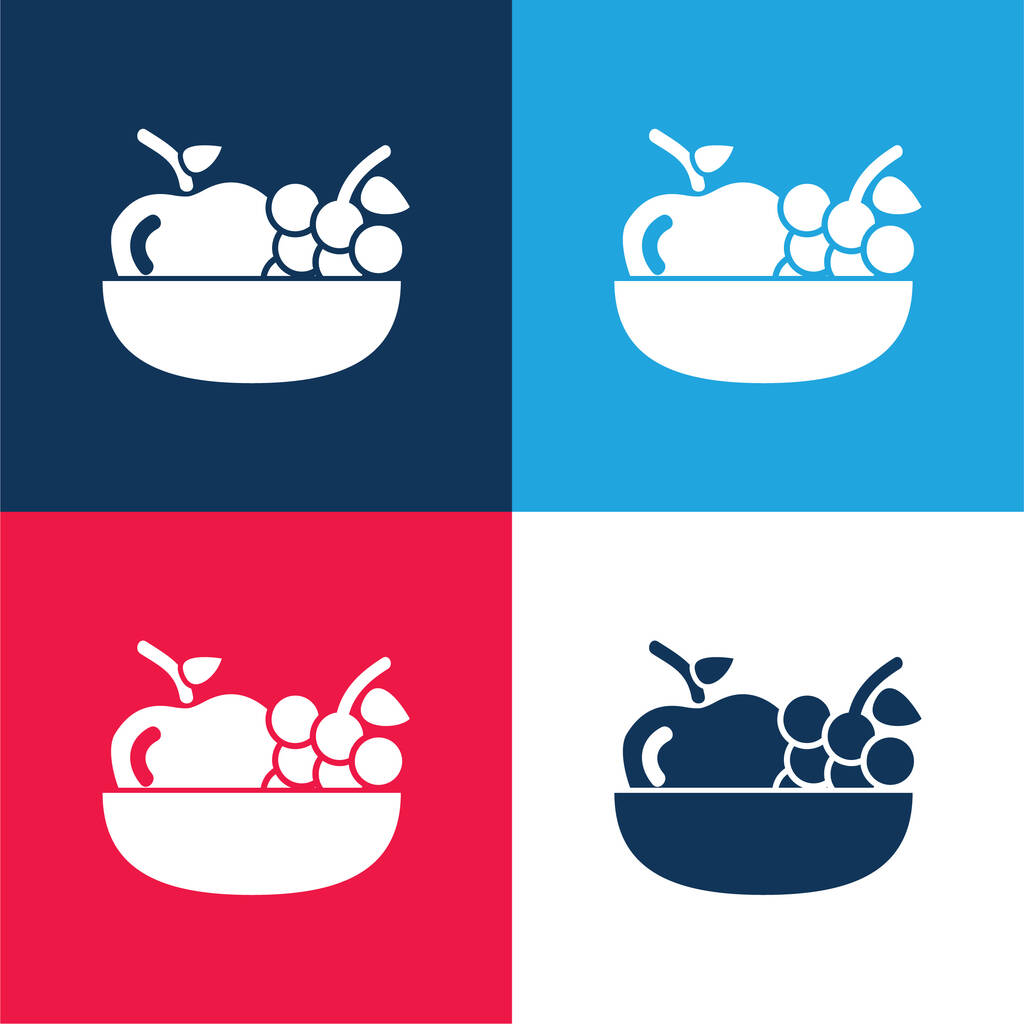 Jablko a hrozny na misce modré a červené čtyři barvy minimální ikony nastavit - Vektor, obrázek