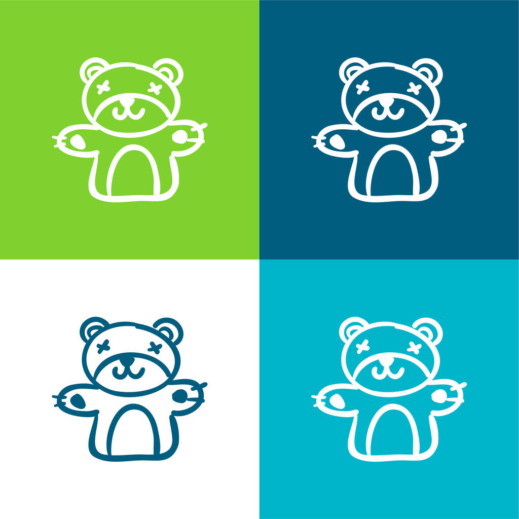 Ensemble d'icônes minime plat à quatre couleurs dessiné à la main par l'ours - Vecteur, image