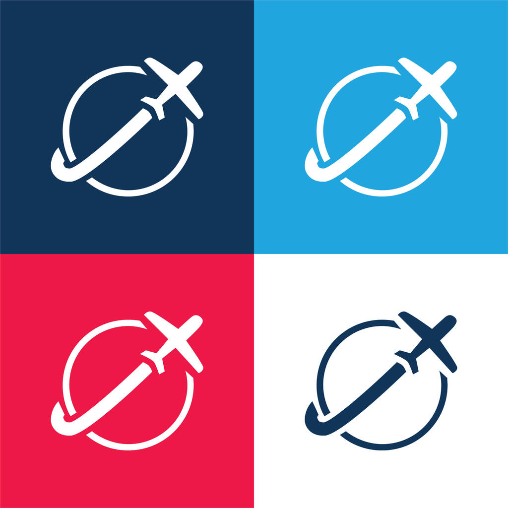 Airplane Travelling Around Earth blue and red four color minimal icon set - Vector, Image