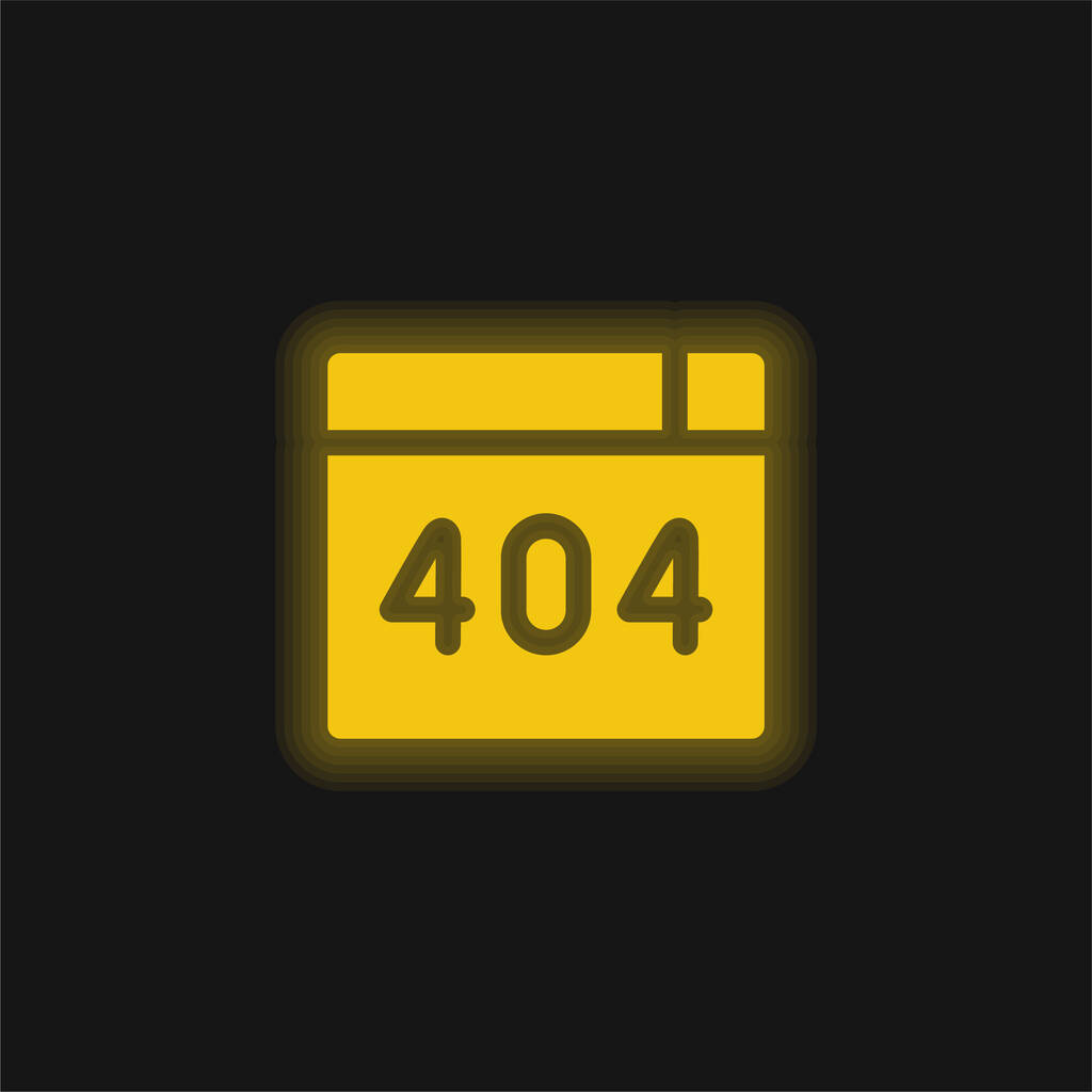 404 Fehler gelb leuchtendes Neon-Symbol - Vektor, Bild