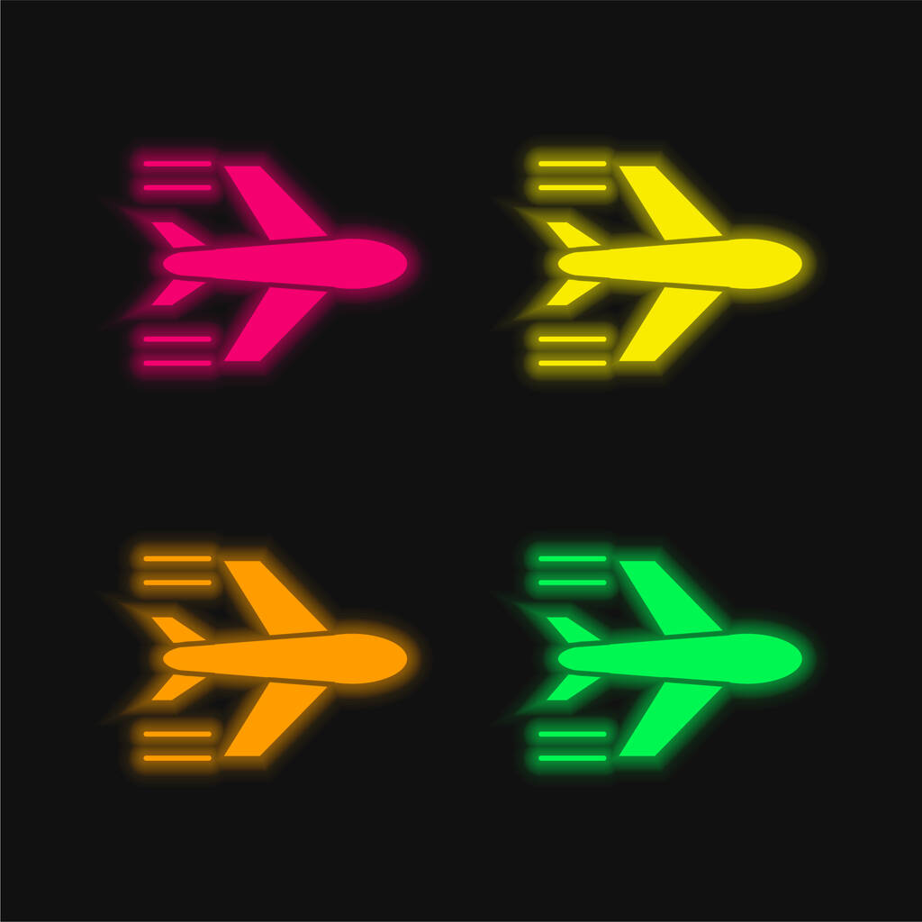 Airplane Flying four color glowing neon vector icon - Vector, Image