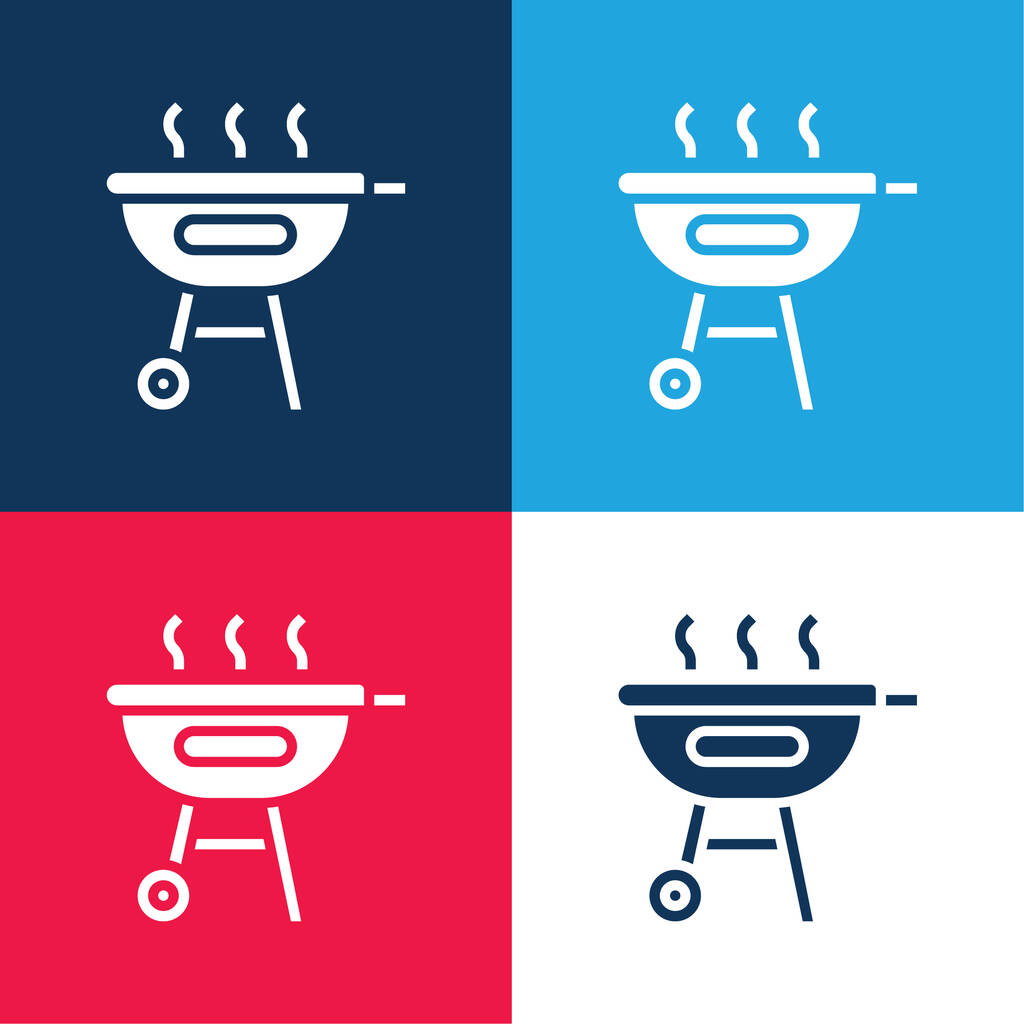 Barbecue blauw en rood vier kleuren minimale pictogram set - Vector, afbeelding