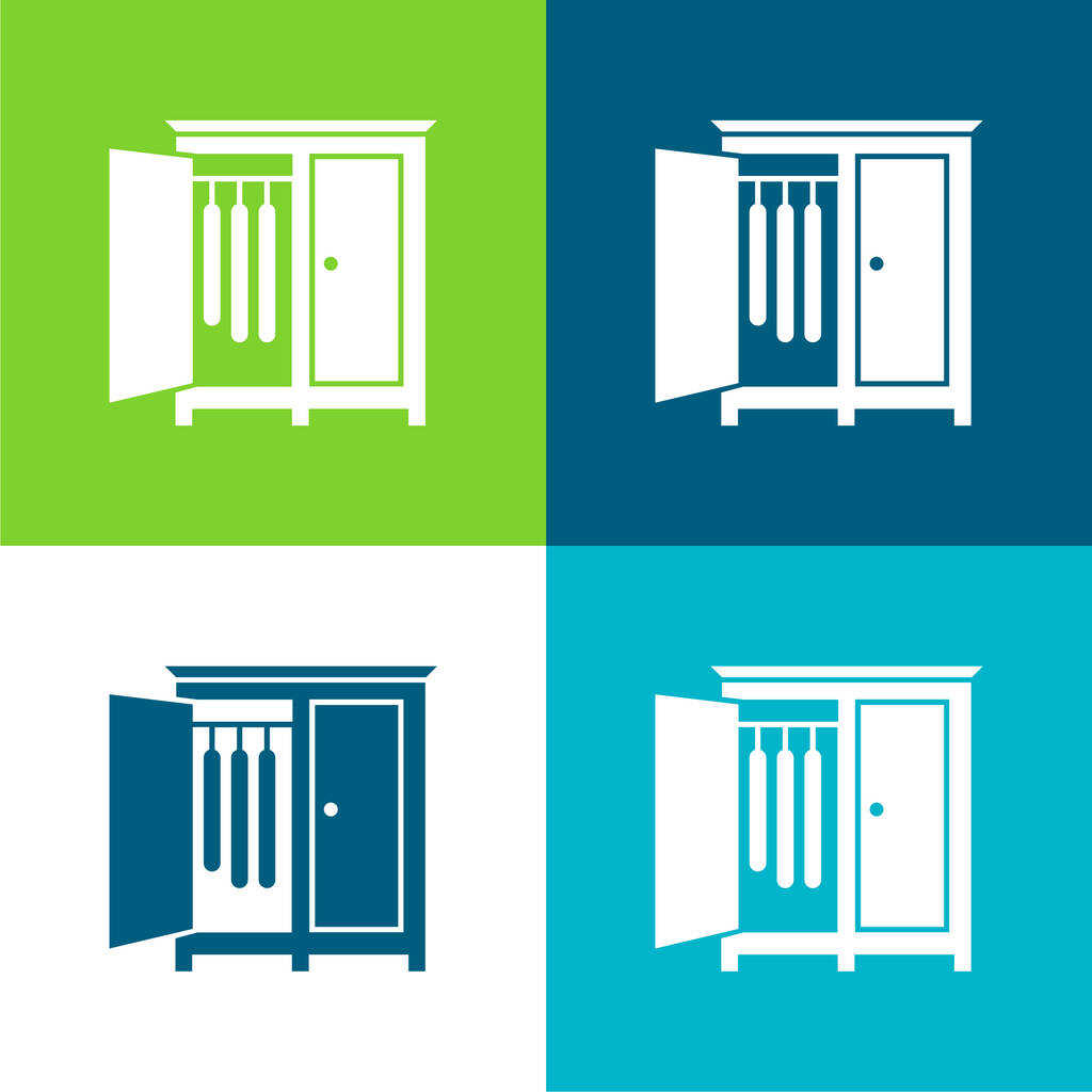 Dormitorio Armario con puerta abierta del lado para colgar ropa plana de cuatro colores mínimo icono conjunto - Vector, Imagen
