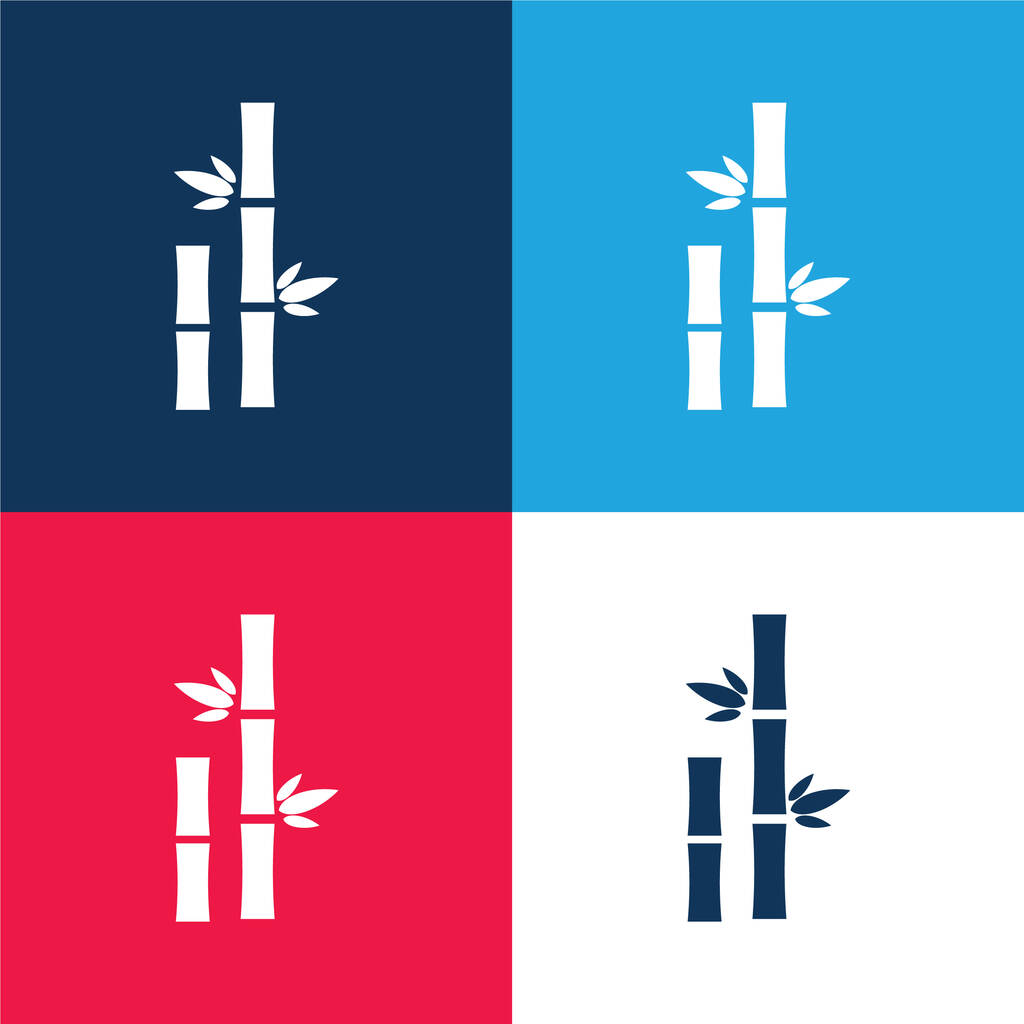 Bambusz levelek kék és piros négy szín minimális ikon készlet - Vektor, kép