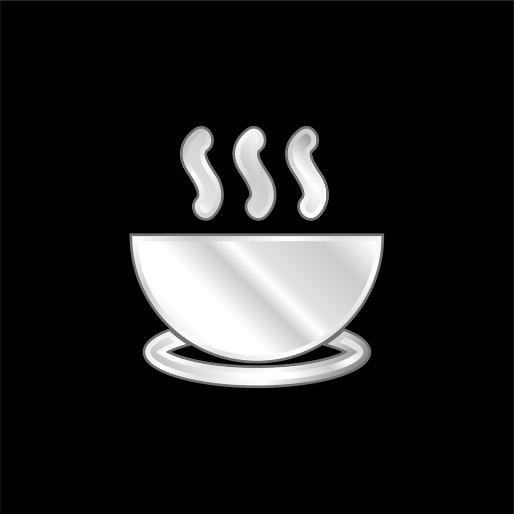 Bowl Of Hot Soup On A Plate silver plated metallic icon - Vector, Image