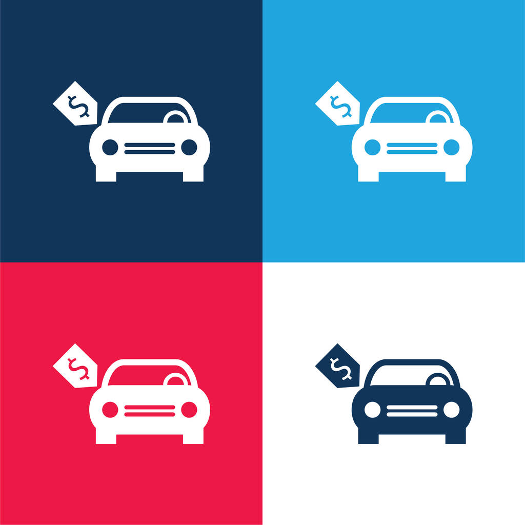 Gloednieuwe auto met Dollar Prijs Tag blauw en rood vier kleuren minimale pictogram set - Vector, afbeelding