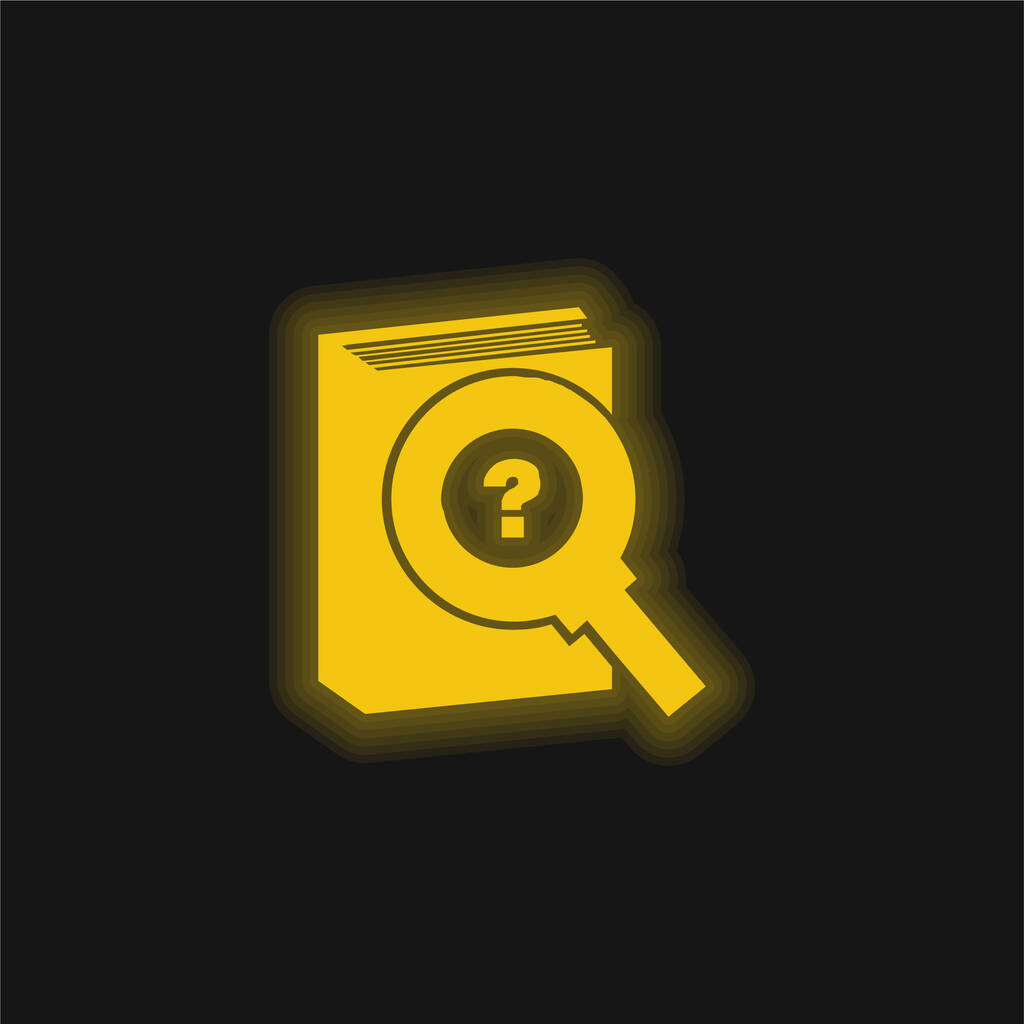 Libro y lupa con signo de interrogación amarillo brillante icono de neón - Vector, imagen