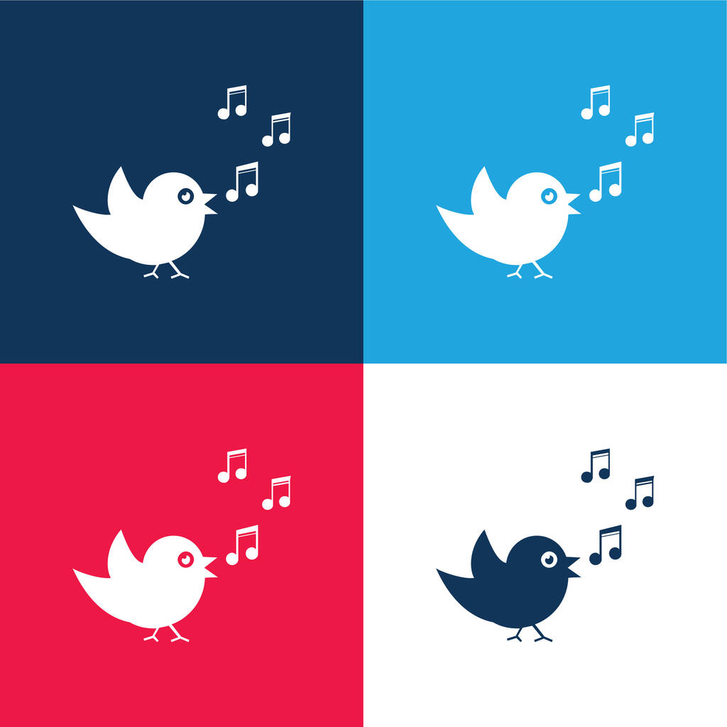 Madár éneklés a zenei jegyzetek kék és piros négy szín minimális ikon készlet - Vektor, kép