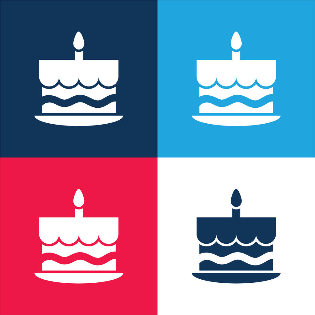 上の青と赤の4色の最小アイコンセットで1つのバーニングキャンドルと誕生日ケーキ - ベクター画像