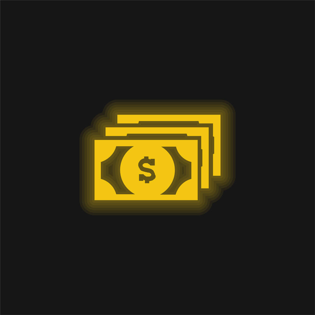Contas de dólares amarelo brilhante ícone de néon - Vetor, Imagem