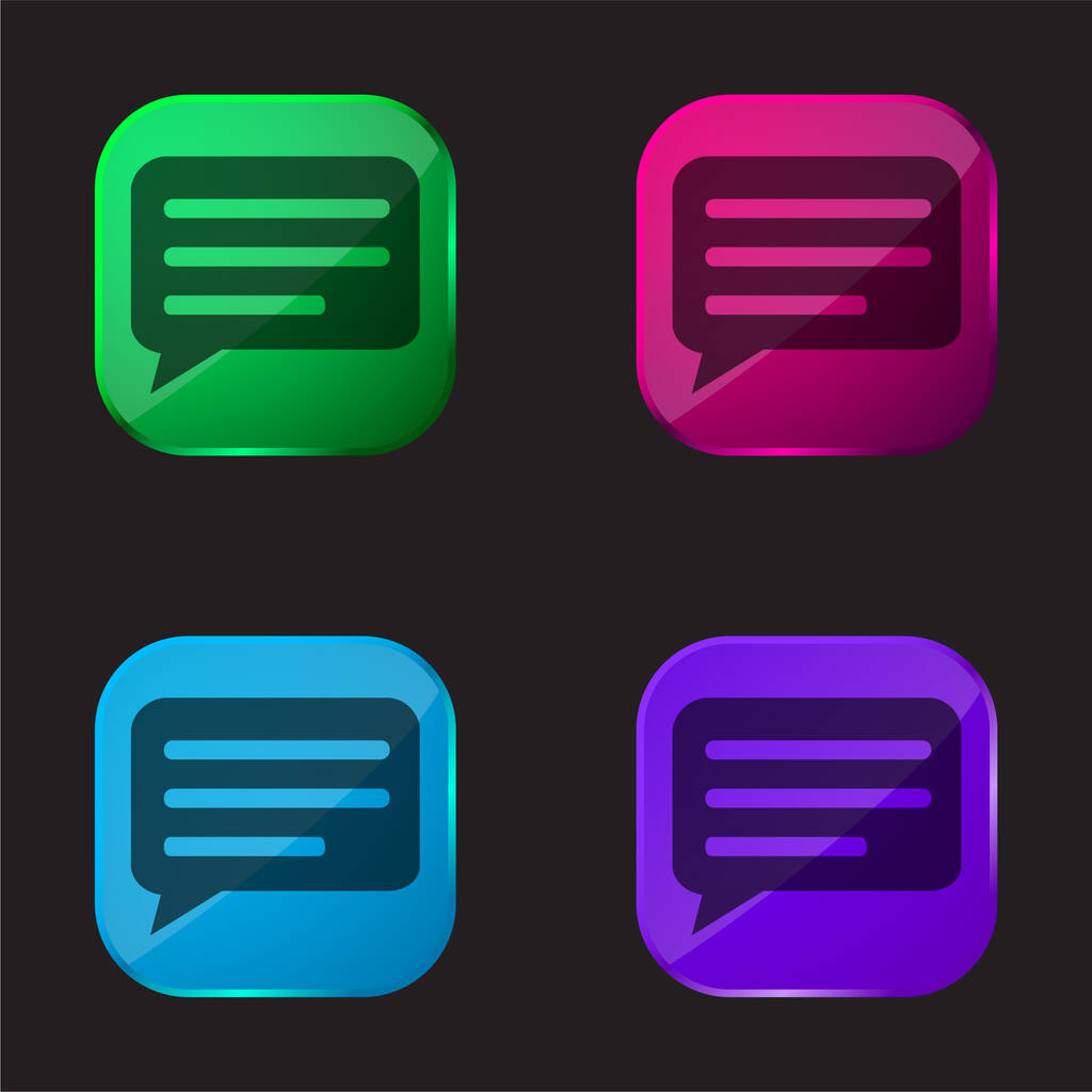Bulle de parole noire avec lignes à l'intérieur icône de bouton en verre de quatre couleurs - Vecteur, image