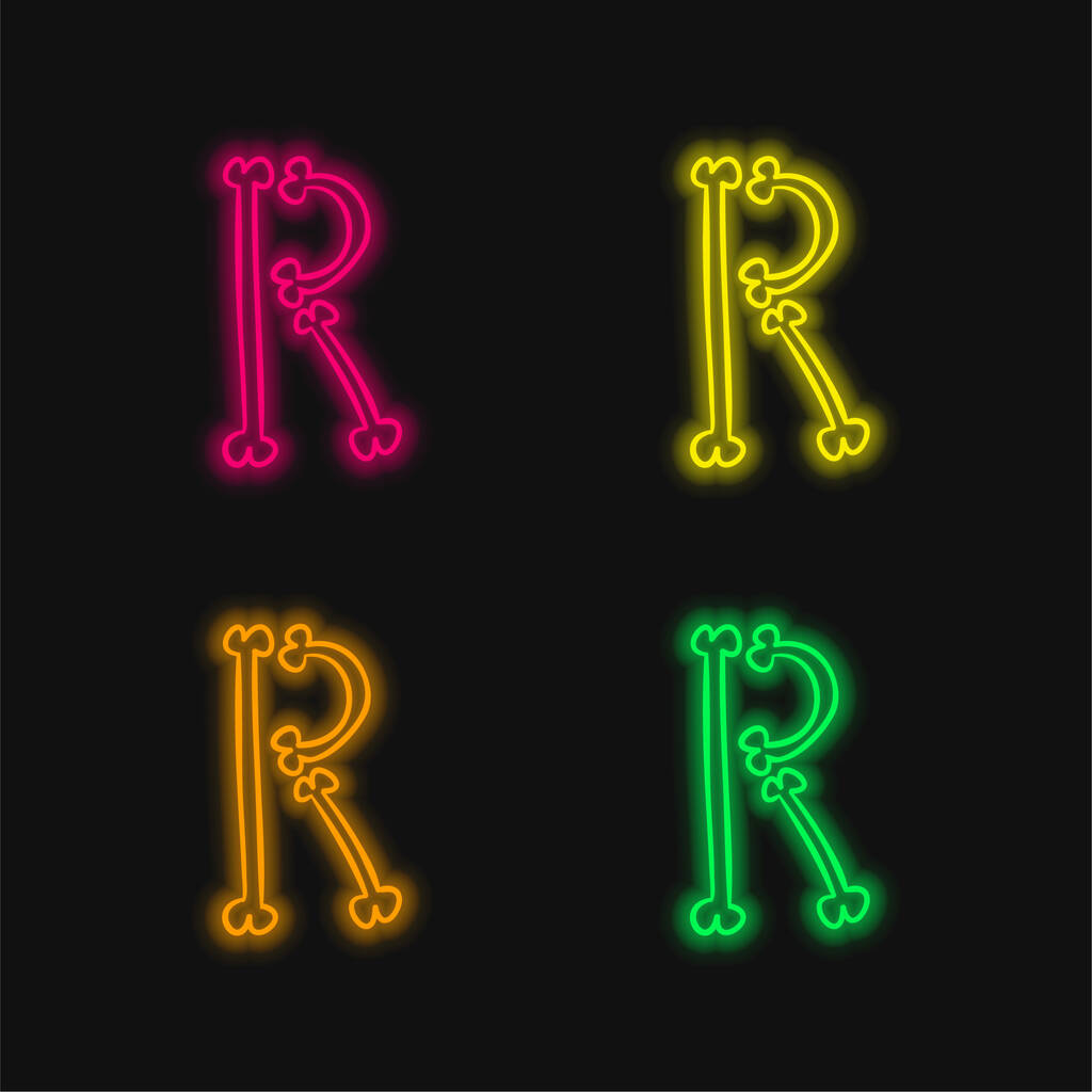 Tipografía de Huesos Esquema de la letra R icono de vectores de neón brillante de cuatro colores - Vector, Imagen