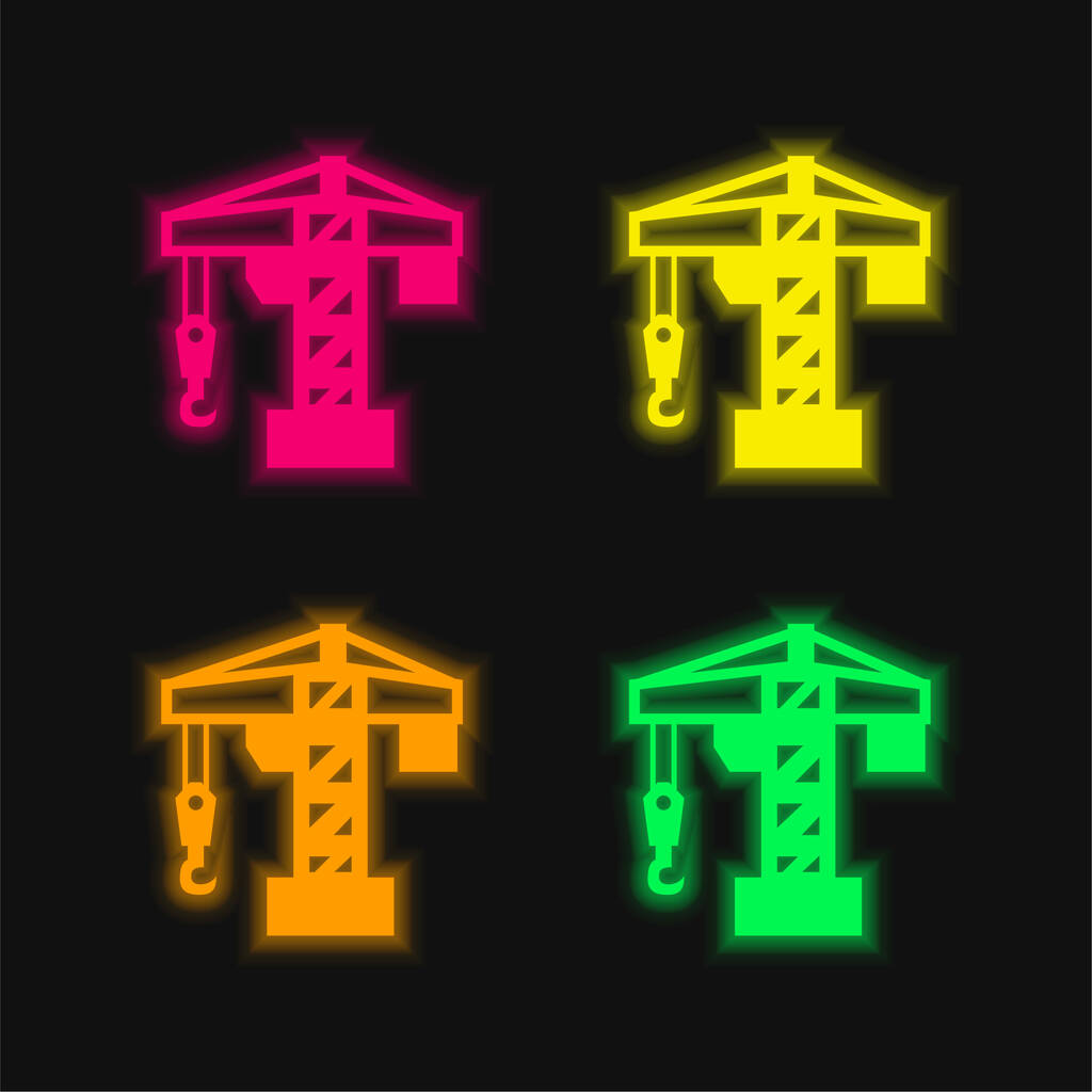 Architektur-Kran-Werkzeug vier Farben leuchtenden Neon-Vektor-Symbol - Vektor, Bild