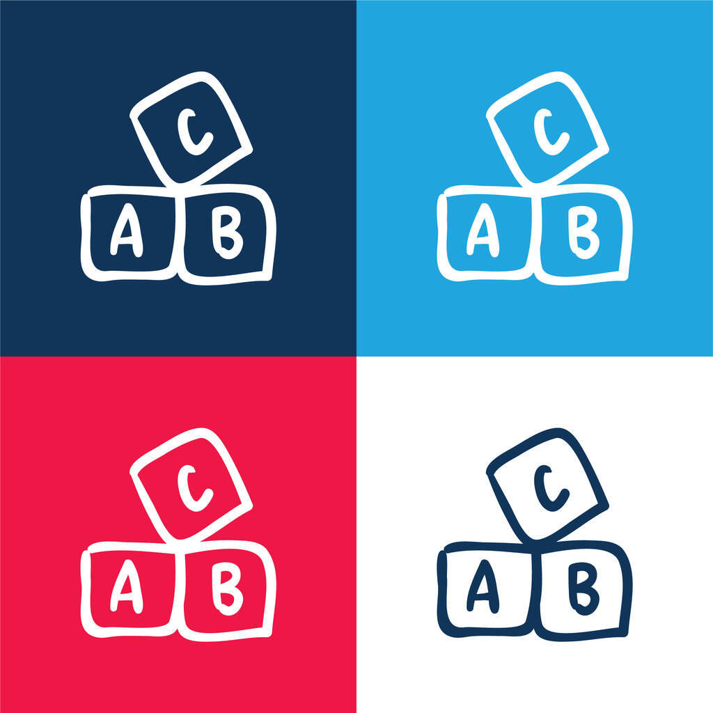 ABC Educativo Cubos dibujados a mano azul y rojo conjunto de iconos mínimo de cuatro colores - Vector, imagen
