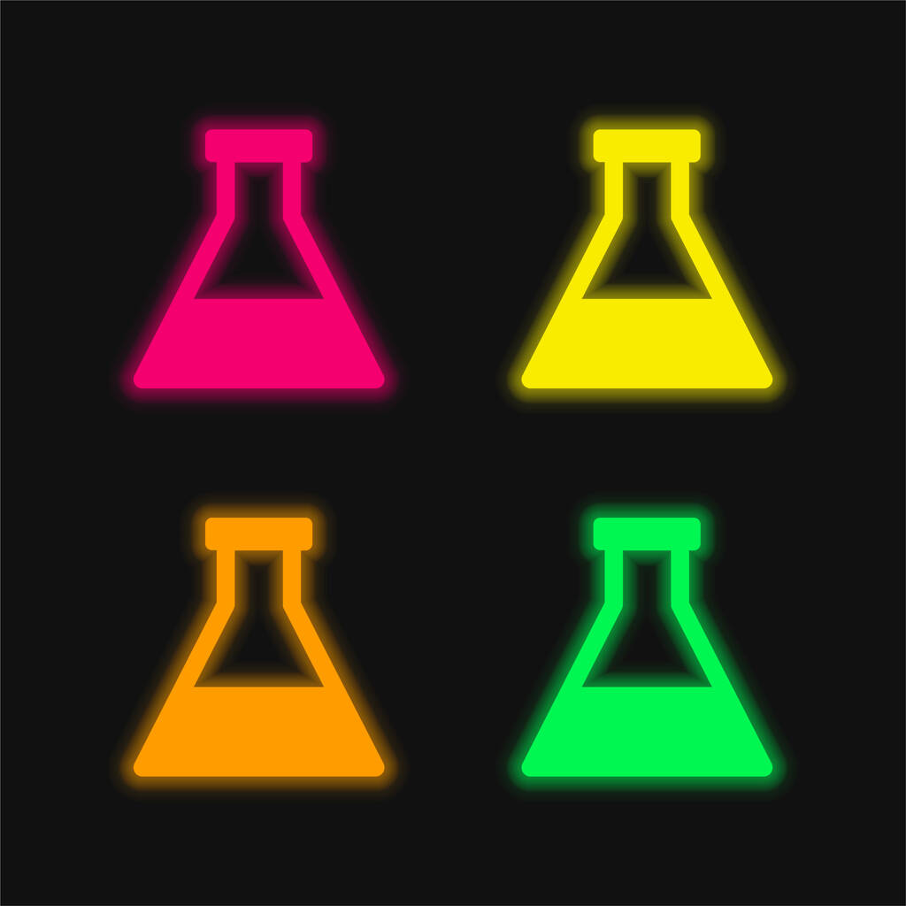 Fles met vloeibare vier kleuren gloeiende neon vector icoon - Vector, afbeelding