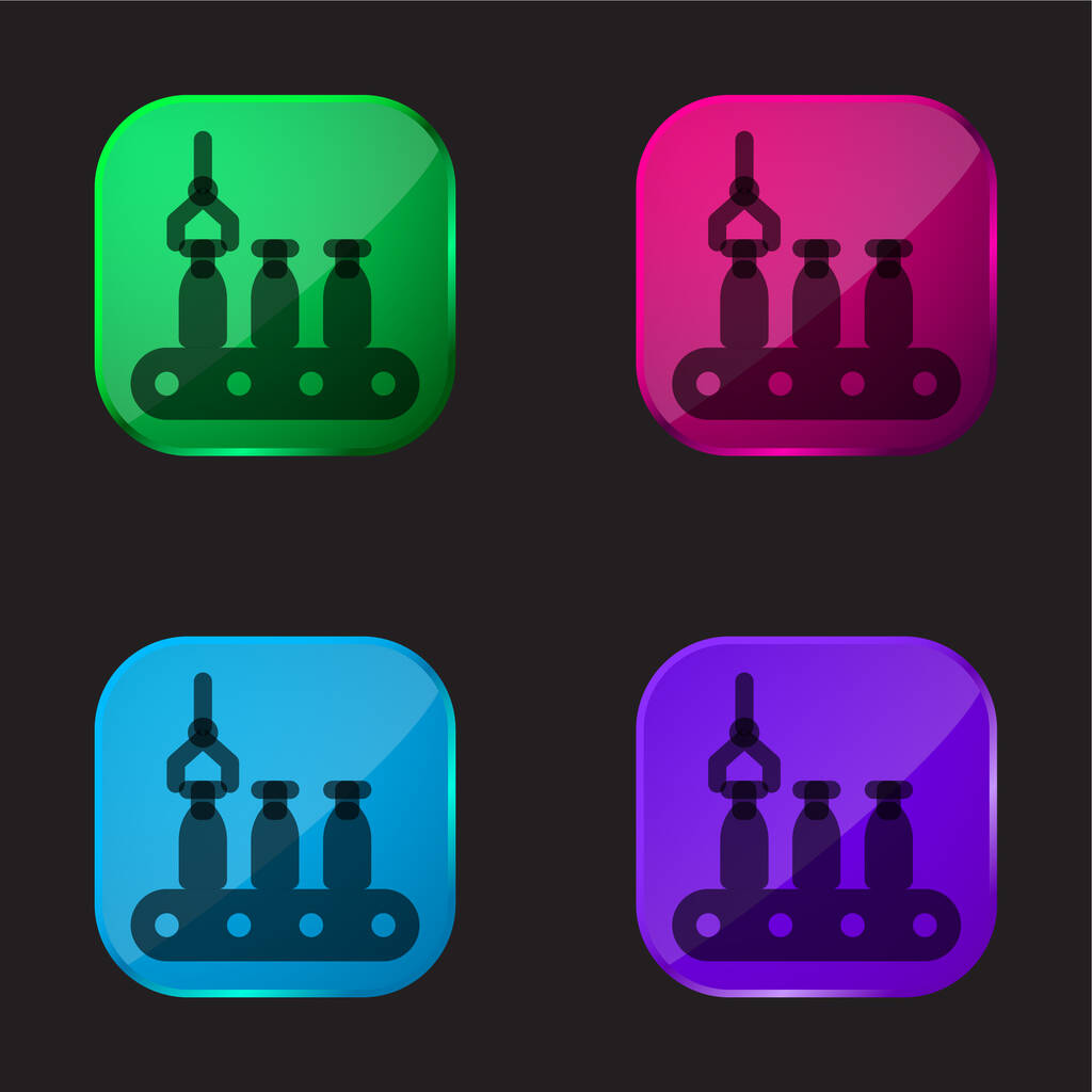 Linha de montagem ícone de botão de vidro de quatro cores - Vetor, Imagem