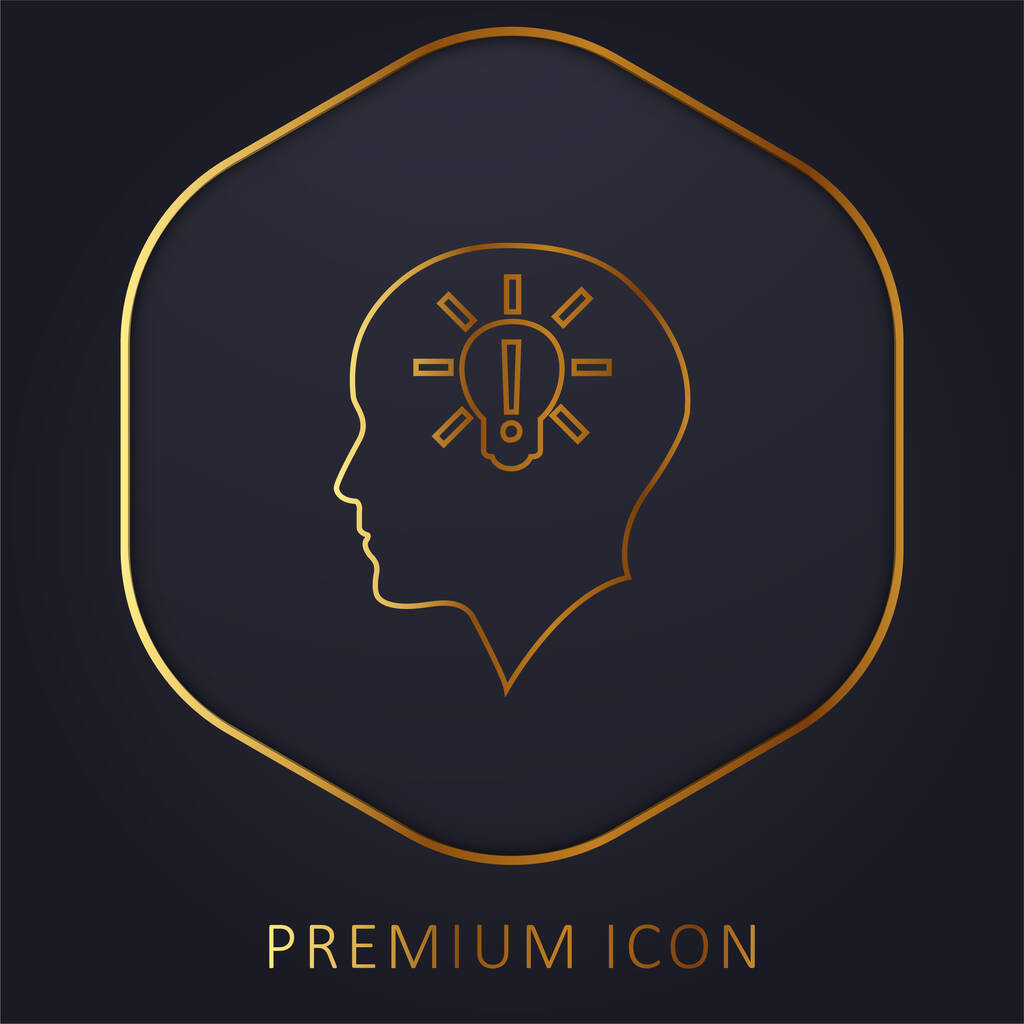 Tête chauve avec ampoule avec signe d'exclamation à l'intérieur de la ligne d'or logo premium ou icône - Vecteur, image