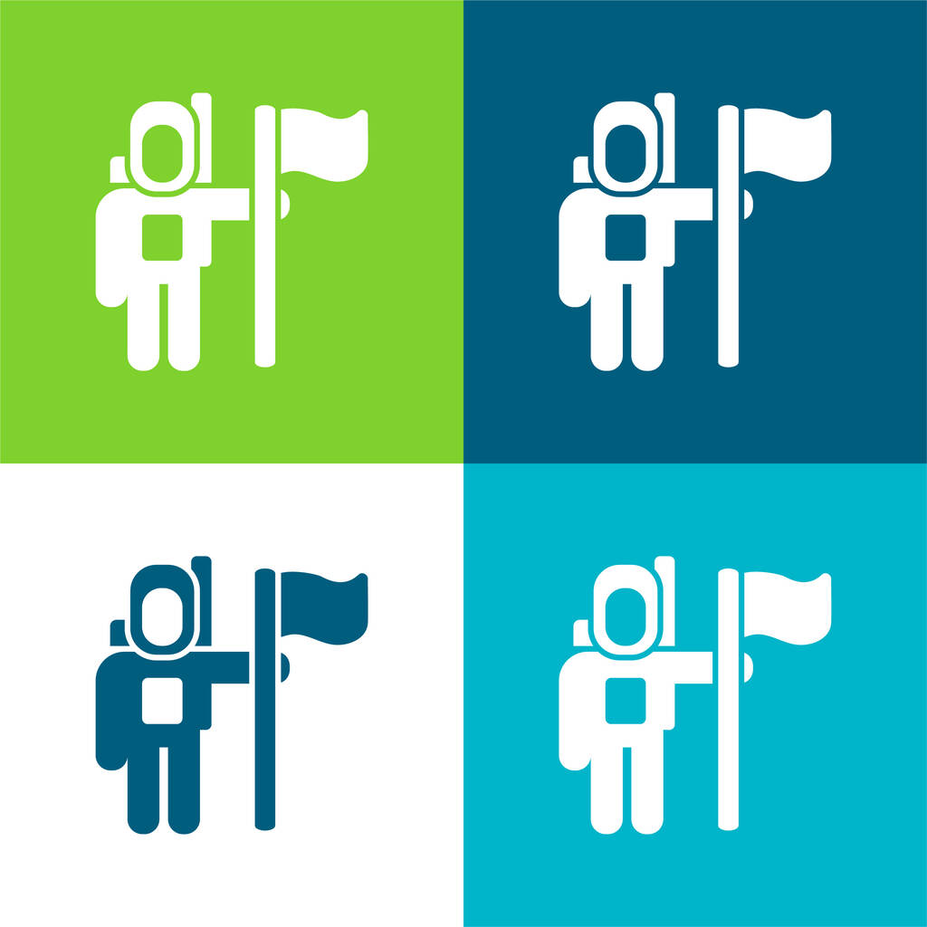 Astronauta viaggiatore spaziale con una bandiera piatto quattro colori minimo set di icone - Vettoriali, immagini