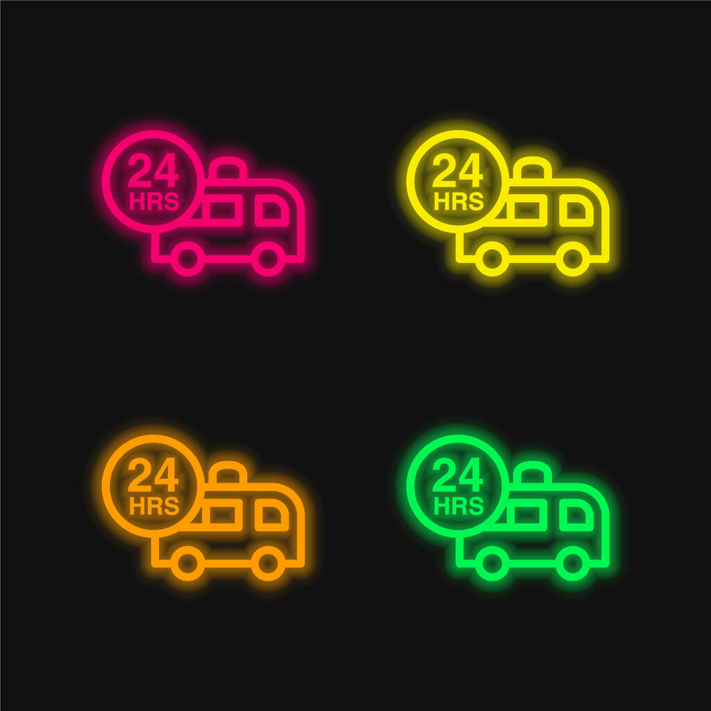 Assistência de ambulância 24 horas quatro cores brilhante ícone de vetor de néon - Vetor, Imagem