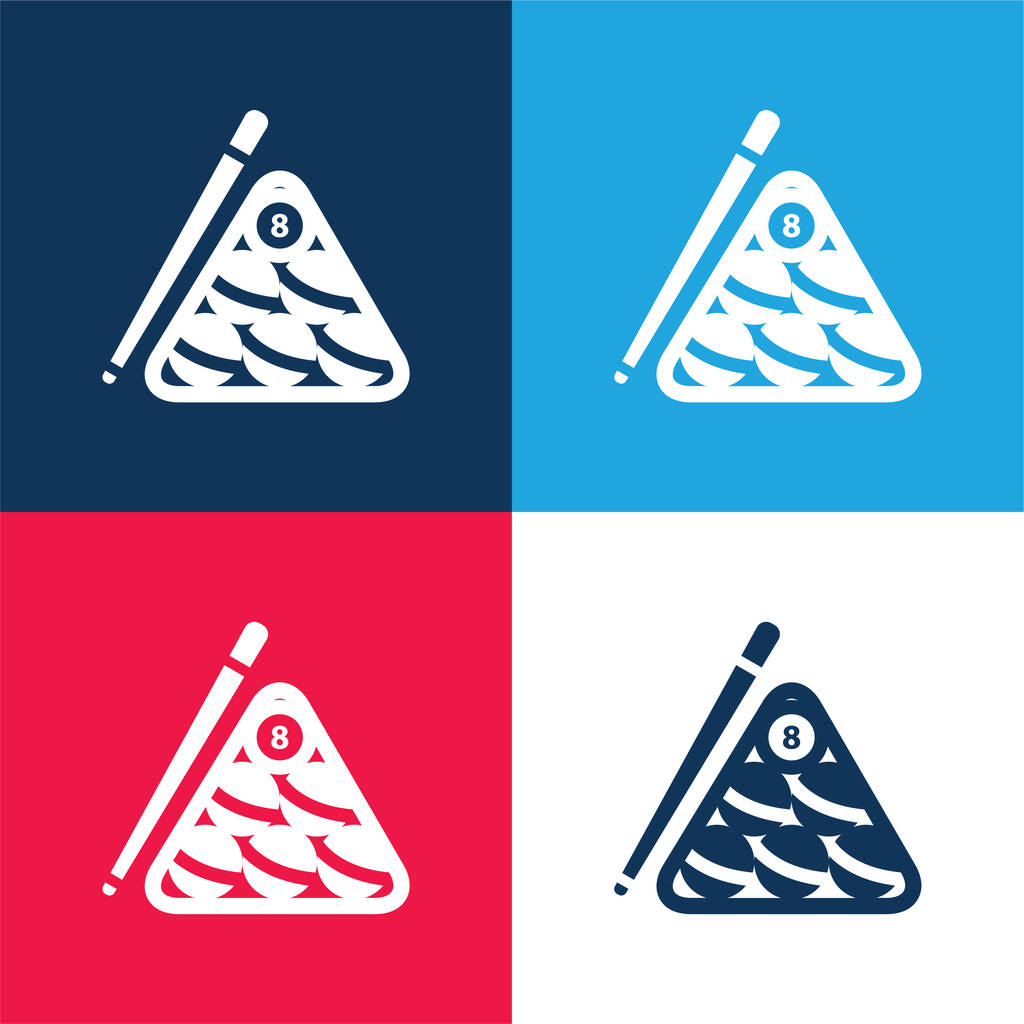 Bolas de billar conjunto dentro del triángulo y el palo en un lado azul y rojo cuatro colores mínimo icono conjunto - Vector, Imagen