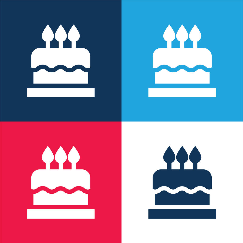 Tarta de cumpleaños azul y rojo conjunto de iconos mínimo de cuatro colores - Vector, Imagen