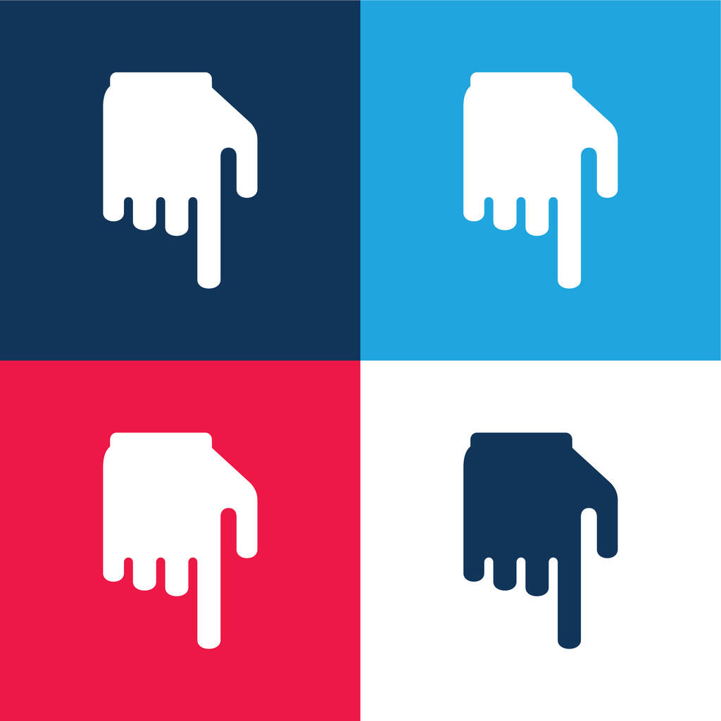 Zwarte Hand met vingerwijzing naar beneden blauw en rood vier kleuren minimale pictogram set - Vector, afbeelding