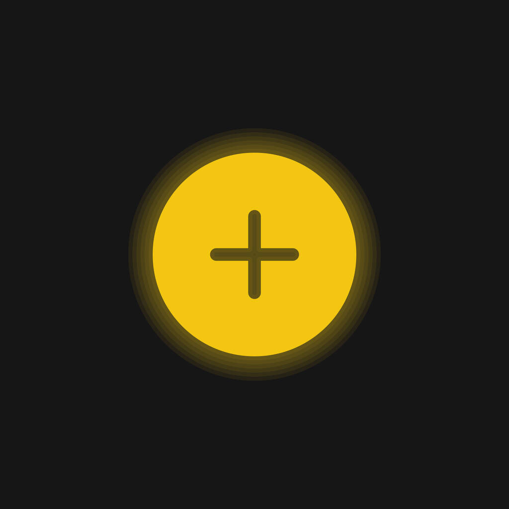 Adicionar botão circular preto ícone de néon brilhante amarelo - Vetor, Imagem