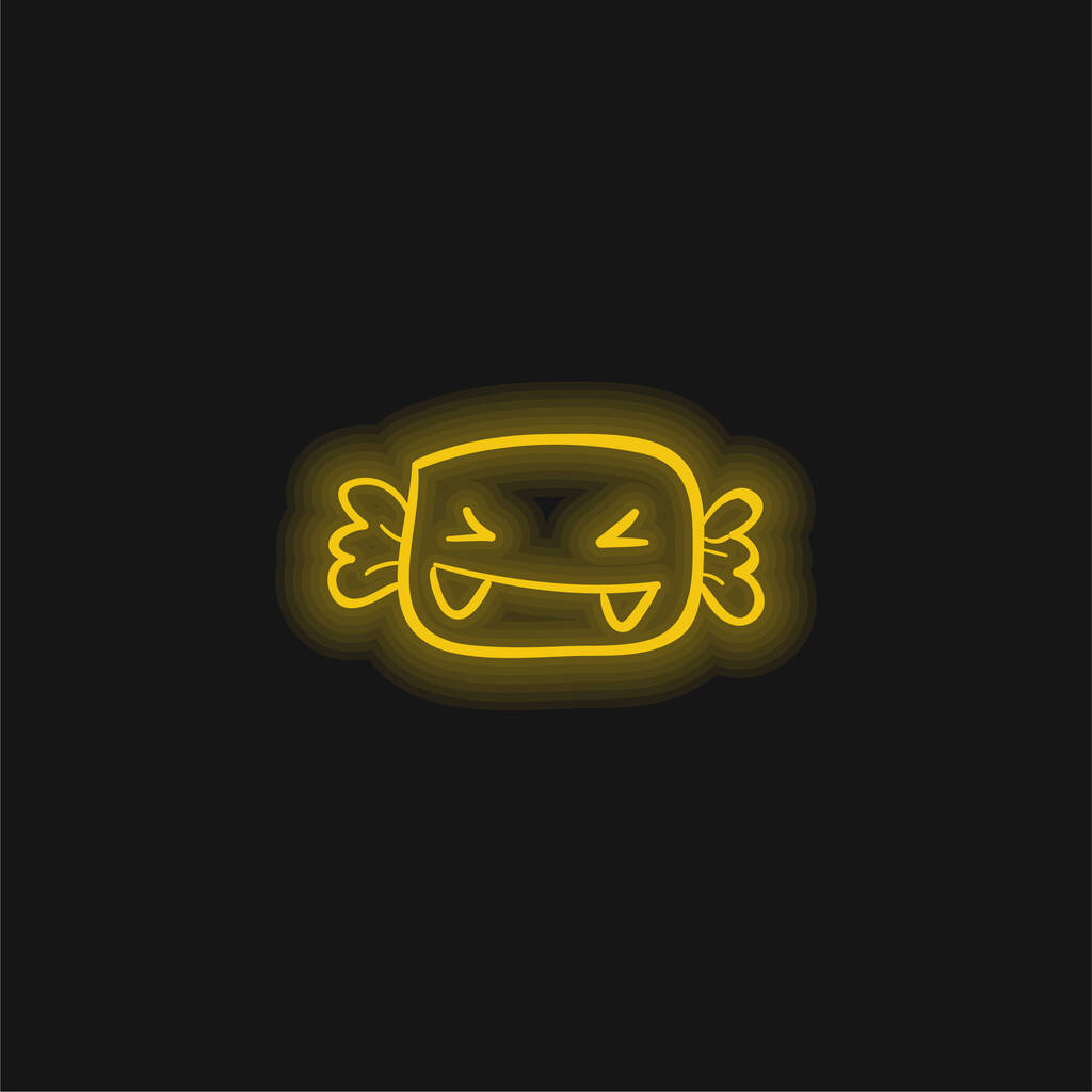 Doce de Halloween vivo com presas ícone de néon brilhante amarelo - Vetor, Imagem
