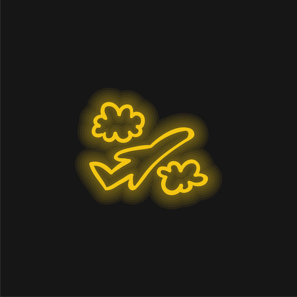 Repülőgép kézzel húzott repülés között felhők sárga izzó neon ikon - Vektor, kép