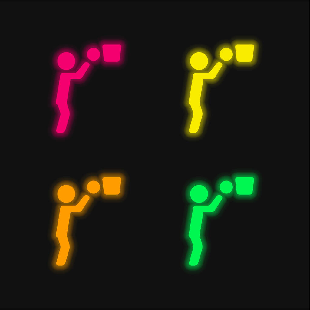 Basketball-Spieler Ball und Korb vier Farben leuchtenden Neon-Vektor-Symbol - Vektor, Bild