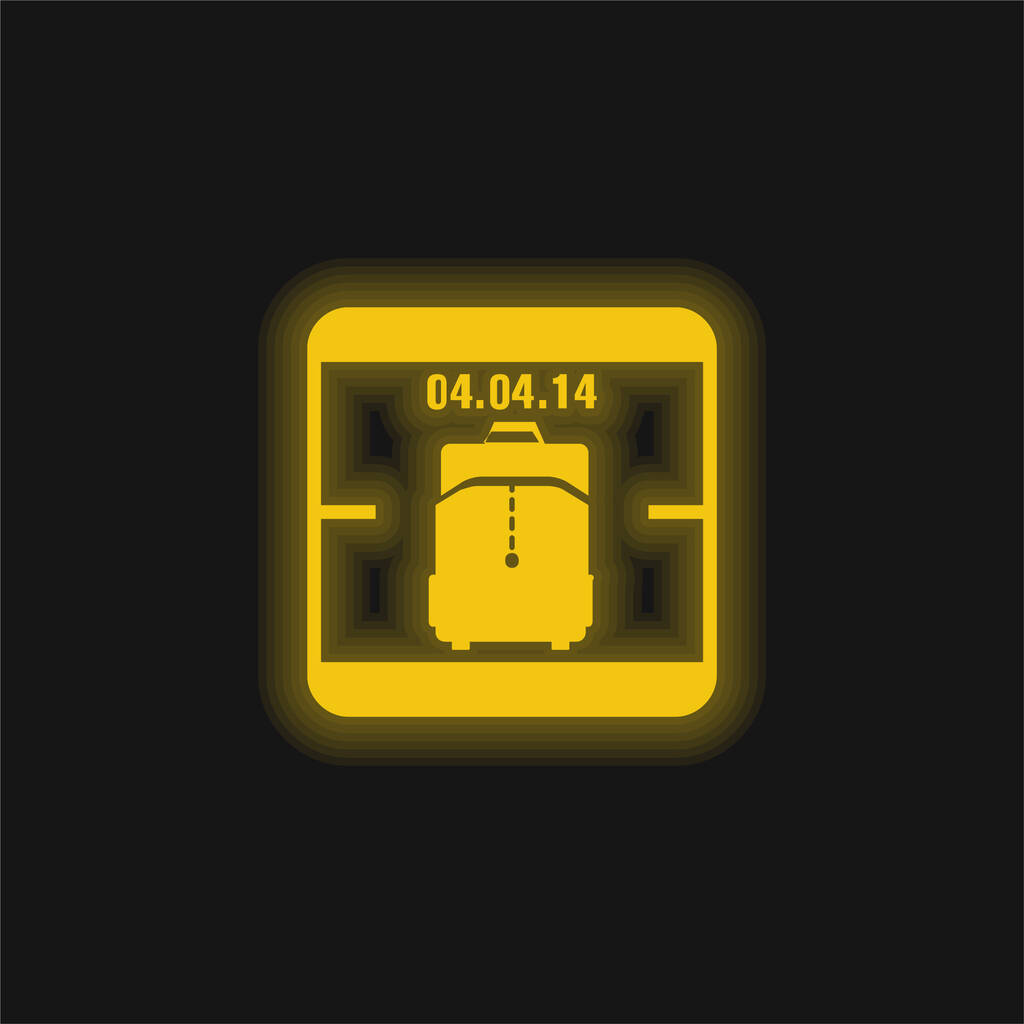 April 4 Van 2014 Kalender Pagina met Travel Bag Reminder Symbool geel gloeiende neon pictogram - Vector, afbeelding