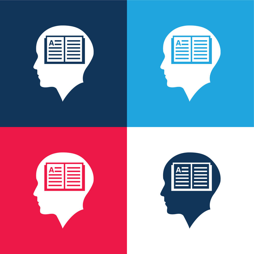 Kopasz ember fej nyitott könyv belsejében kék és piros négy szín minimális ikon készlet - Vektor, kép