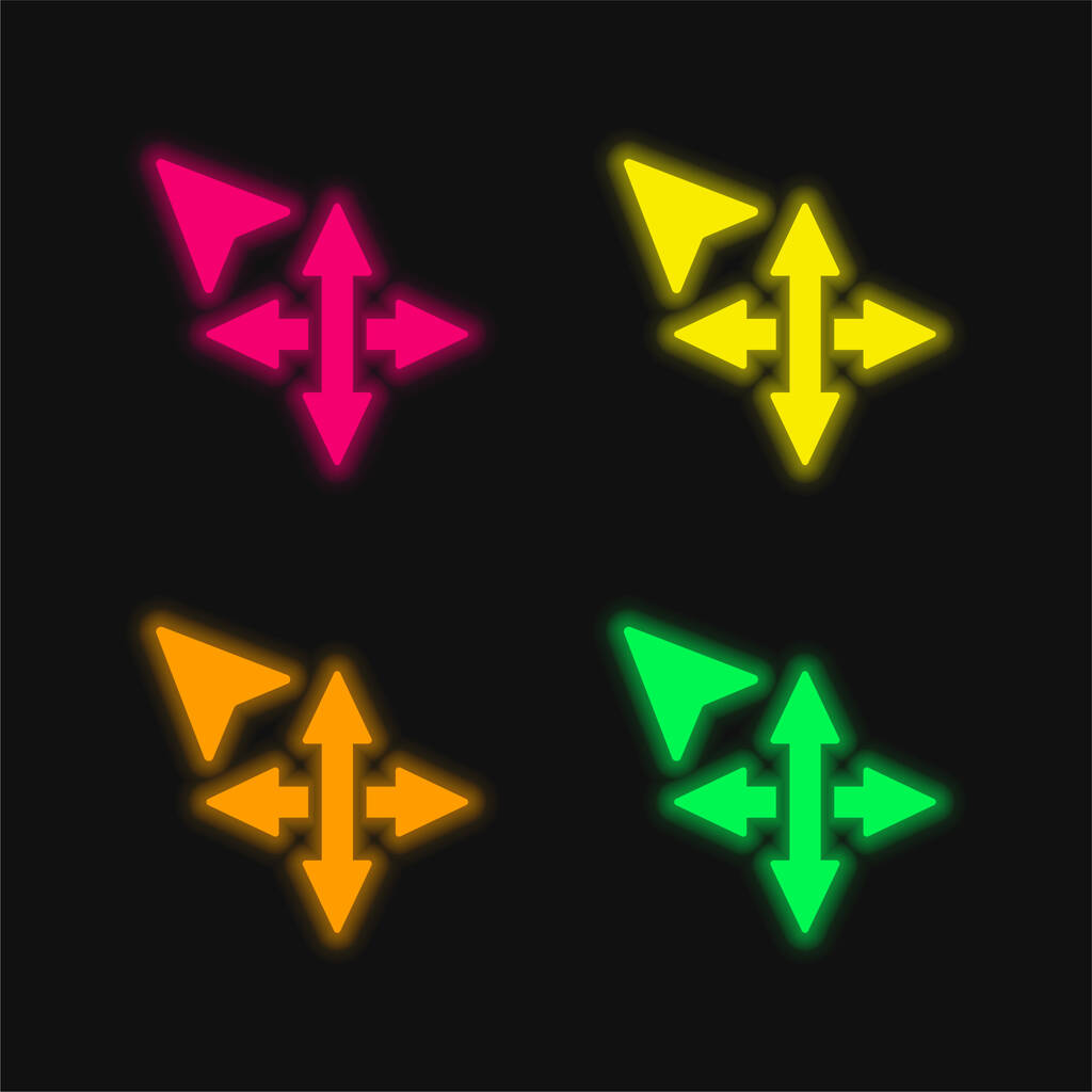 Flechas Mover herramienta de cuatro colores brillante icono de vectores de neón - Vector, Imagen