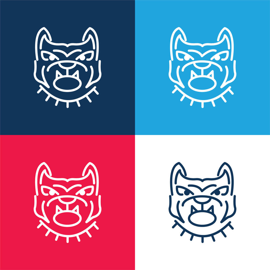 Cara de Bulldog enojado contorno azul y rojo conjunto de iconos mínimo de cuatro colores - Vector, imagen