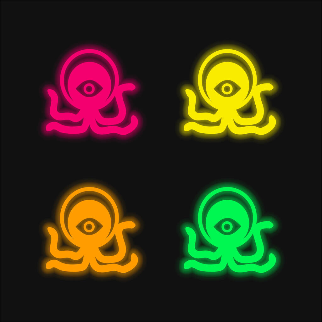 Alien Creature four color glowing neon vector icon - Vector, Image