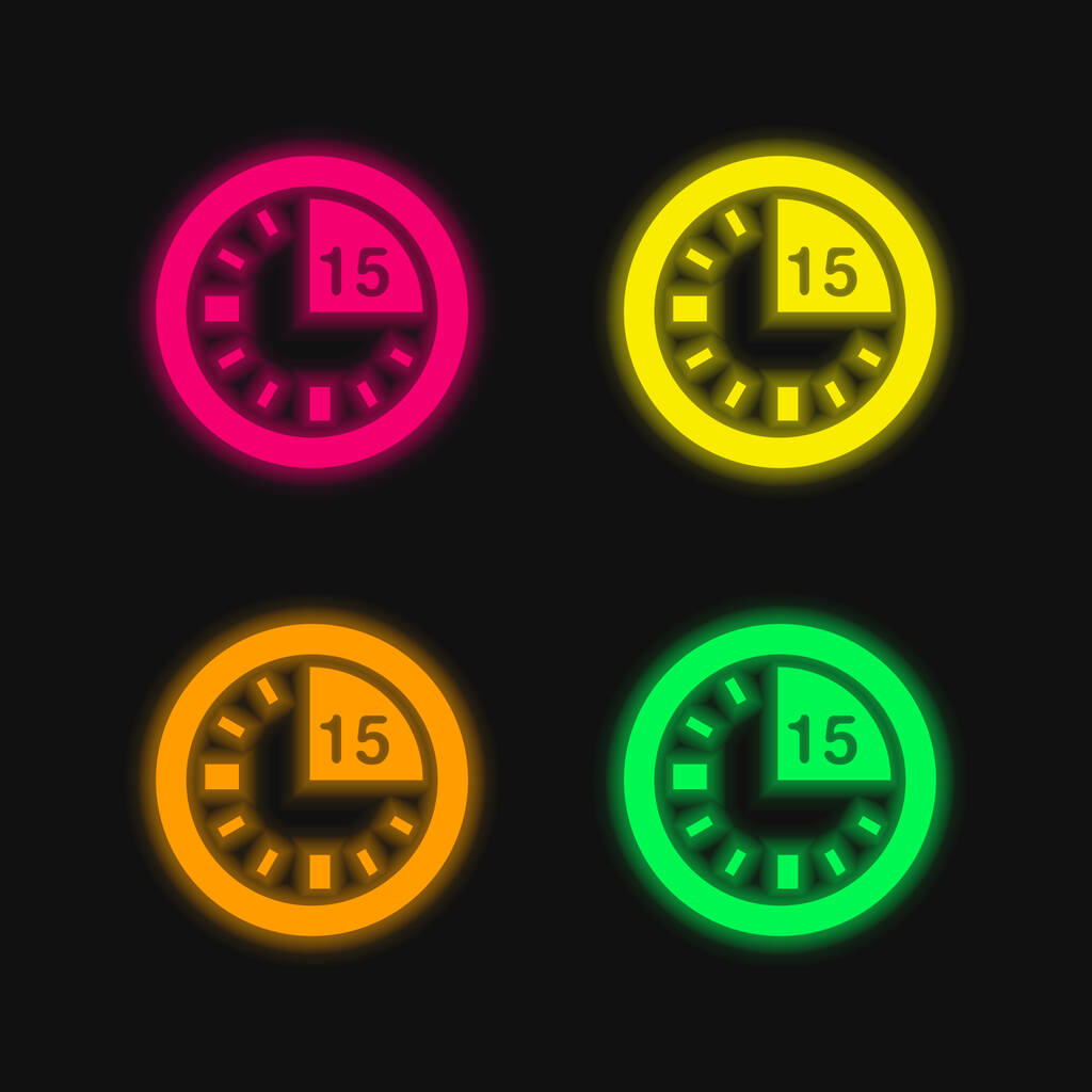 15 Minute Mark On Clock four color glowing neon vector icon - Vector, Image