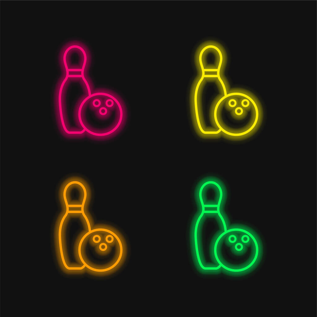 ボウリングボウルとボールの概要4色の輝くネオンベクトルアイコン - ベクター画像