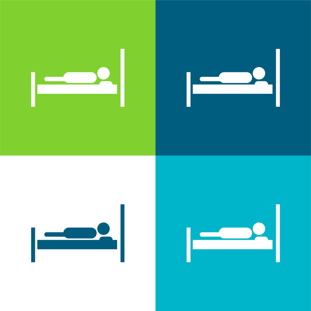 Κρεβάτι με ένα άτομο ξαπλωμένο σε αυτό Επίπεδη τέσσερις χρώμα ελάχιστο σύνολο εικονιδίων - Διάνυσμα, εικόνα