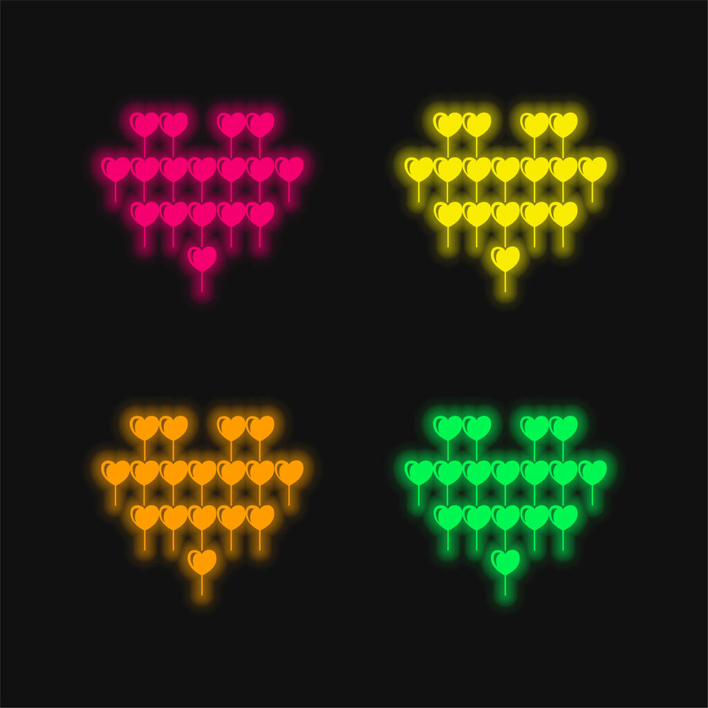 Attractive Heart Balloon Of Multiple Hearts Balloons four color glowing neon vector icon - Vector, Image