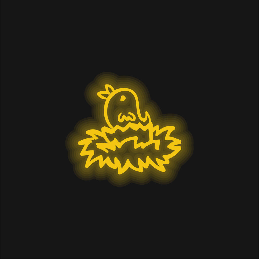Madár a fészken Kézzel rajzolt körvonalazott állat sárga izzó neon ikon - Vektor, kép