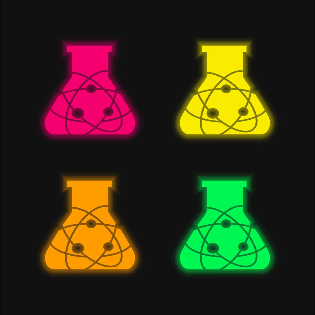 Atom Science Butelka cztery kolory świecące neon wektor ikona - Wektor, obraz